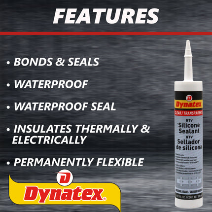 Dynatex Industrial Grade Clear Silicone Sealant 10.1 oz Caulk Tube - Tough Flexible Cure, Watertight Seal, Up to 500 Degrees F, Made in the USA (6-Pack)