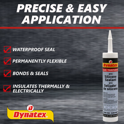 Dynatex Industrial Grade Clear Silicone Sealant 10.1 oz Caulk Tube - Tough Flexible Cure, Watertight Seal, Up to 500 Degrees F, Made in the USA (6-Pack)