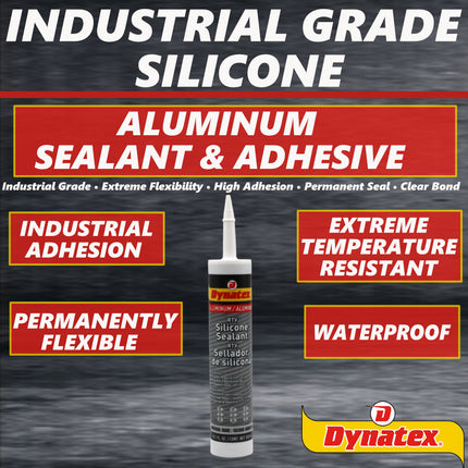 Dynatex Industrial Grade Aluminum Silicone Sealant 10.1 oz Caulk Tube - Tough Flexible Cure, Watertight Seal, Up to 500 Degrees F, Made in the USA (Single)