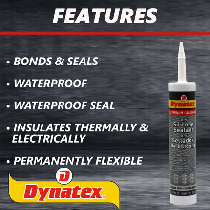 Dynatex Industrial Grade Aluminum Silicone Sealant 10.1 oz Caulk Tube - Tough Flexible Cure, Watertight Seal, Up to 500 Degrees F, Made in the USA (Single)