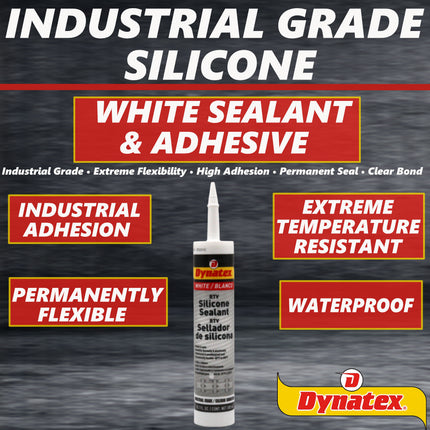 Dynatex Industrial Grade White Silicone Sealant 10.1 oz Caulk Tube - Tough Flexible Cure, Watertight Seal, Up to 500 Degrees F, Made in the USA (12-Pack)