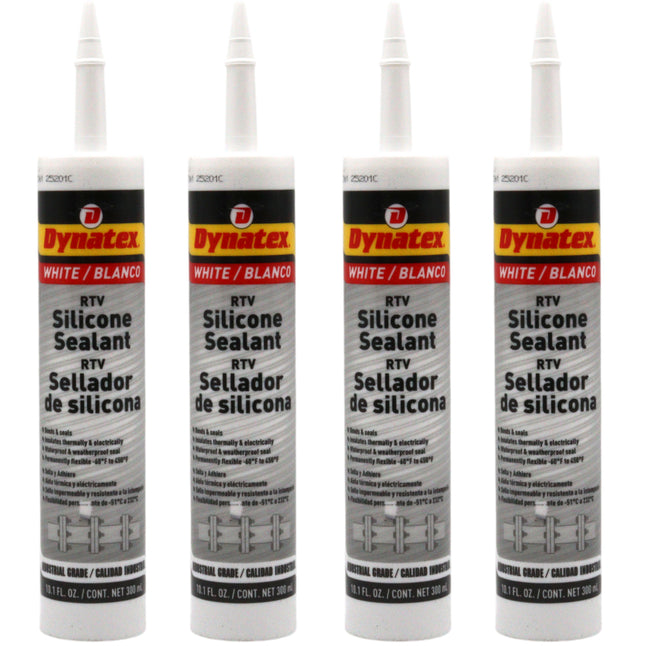 Dynatex Industrial Grade White Silicone Sealant 10.1 oz Caulk Tube - Tough Flexible Cure, Watertight Seal, Up to 500 Degrees F, Made in the USA (4-Pack)