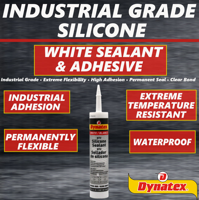 Dynatex Industrial Grade White Silicone Sealant 10.1 oz Caulk Tube - Tough Flexible Cure, Watertight Seal, Up to 500 Degrees F, Made in the USA (5-Pack)