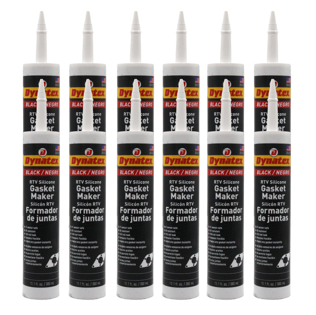 Dynatex Black RTV Silicone Gasket Maker 10.1oz Caulk Tube - Oxygen Sensor Safe, OEM Specs, 500°F Hi-Temp, Oil/Water Resistant, Made in the USA (12-Pack)