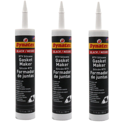 Dynatex Black RTV Silicone Gasket Maker 10.1oz Caulk Tube - Oxygen Sensor Safe, OEM Specs, 500°F Hi-Temp, Oil/Water Resistant, Made in the USA (3-Pack)