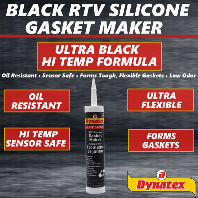 Dynatex Black RTV Silicone Gasket Maker 10.1oz Caulk Tube - Oxygen Sensor Safe, OEM Specs, 500°F Hi-Temp, Oil/Water Resistant, Made in the USA (4-Pack)