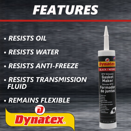Dynatex Black RTV Silicone Gasket Maker 10.1oz Caulk Tube - Oxygen Sensor Safe, OEM Specs, 500°F Hi-Temp, Oil/Water Resistant, Made in the USA (4-Pack)