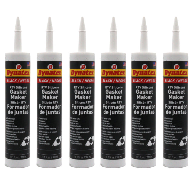 Dynatex Black RTV Silicone Gasket Maker 10.1oz Caulk Tube - Oxygen Sensor Safe, OEM Specs, 500°F Hi-Temp, Oil/Water Resistant, Made in the USA (6-Pack)