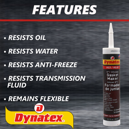 Dynatex Red Hi-Temp RTV Silicone Gasket Maker 10.1 oz Caulk Tube - Oxygen Sensor Safe, OEM Specs, 650°F Hi-Temp, Oil/Water Resistant, Made in the USA (3-Pack)