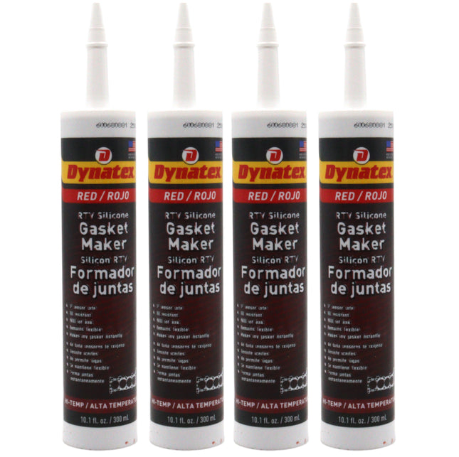Dynatex Red Hi-Temp RTV Silicone Gasket Maker 10.1 oz Caulk Tube - Oxygen Sensor Safe, OEM Specs, 650°F Hi-Temp, Oil/Water Resistant, Made in the USA (4-Pack)