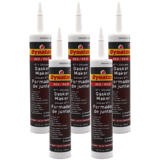 Dynatex Red Hi-Temp RTV Silicone Gasket Maker 10.1 oz Caulk Tube - Oxygen Sensor Safe, OEM Specs, 650°F Hi-Temp, Oil/Water Resistant, Made in the USA (5-Pack)