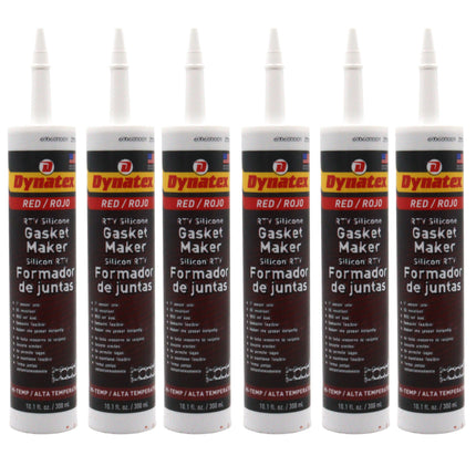 Dynatex Red Hi-Temp RTV Silicone Gasket Maker 10.1 oz Caulk Tube - Oxygen Sensor Safe, OEM Specs, 650°F Hi-Temp, Oil/Water Resistant, Made in the USA (6-Pack)