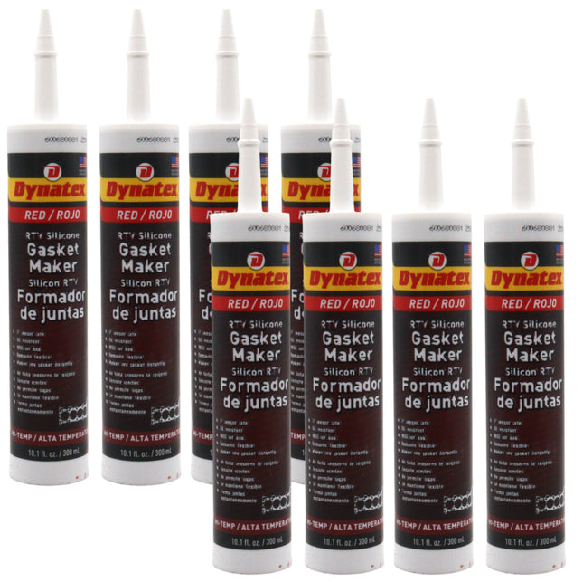 Dynatex Red Hi-Temp RTV Silicone Gasket Maker 10.1 oz Caulk Tube - Oxygen Sensor Safe, OEM Specs, 650°F Hi-Temp, Oil/Water Resistant, Made in the USA (8-Pack)