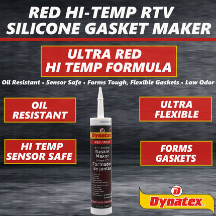 Dynatex Red Hi-Temp RTV Silicone Gasket Maker 10.1 oz Caulk Tube - Oxygen Sensor Safe, OEM Specs, 650°F Hi-Temp, Oil/Water Resistant, Made in the USA (8-Pack)