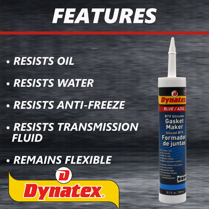 Dynatex Blue RTV Silicone Gasket Maker 10.1 oz Caulk Tube - Oxygen Sensor Safe, OEM Specs, Gear Oil Resistant, Oil/Water Resistant, Made in the USA (6-Pack)