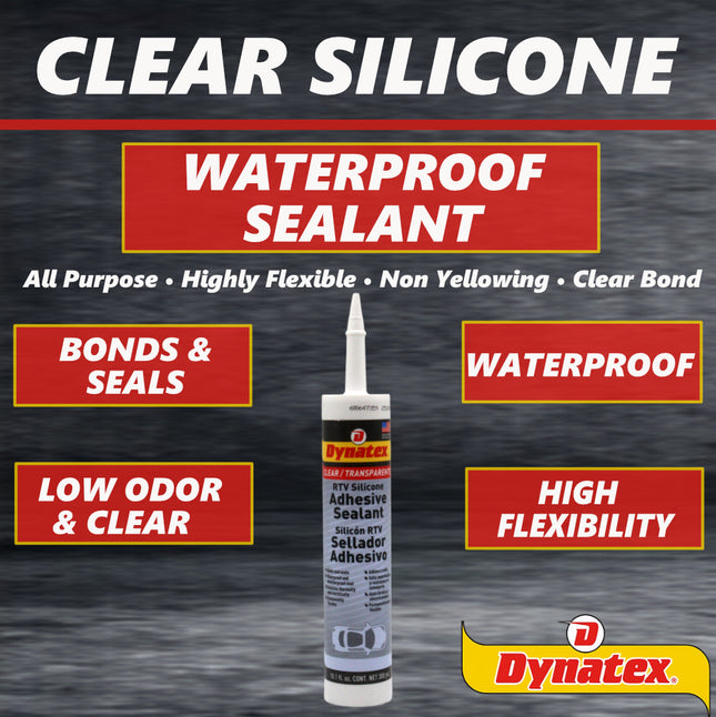 Dynatex RTV Clear Silicone Adhesive Sealant 10.1 oz Caulk Tube - Transparent Watertight Seal, Marine RV Industrial Use, Made in the USA (10-Pack)