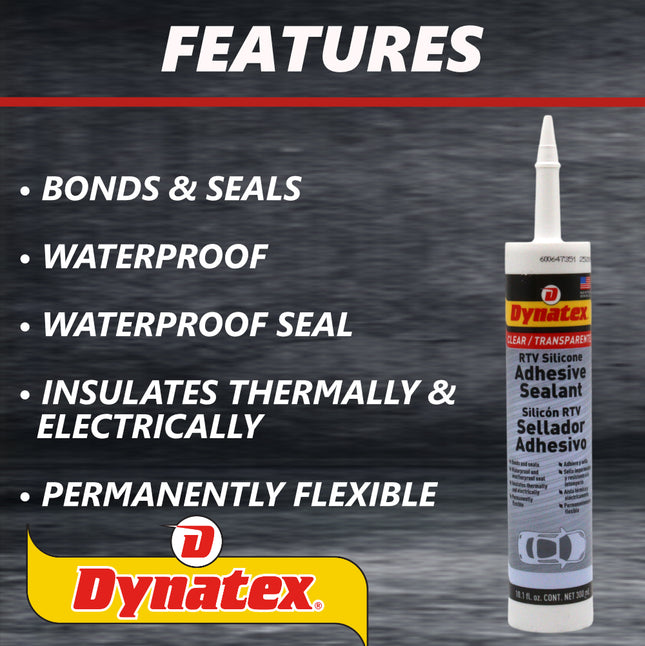 Dynatex RTV Clear Silicone Adhesive Sealant 10.1 oz Caulk Tube - Transparent Watertight Seal, Marine RV Industrial Use, Made in the USA (4-Pack)