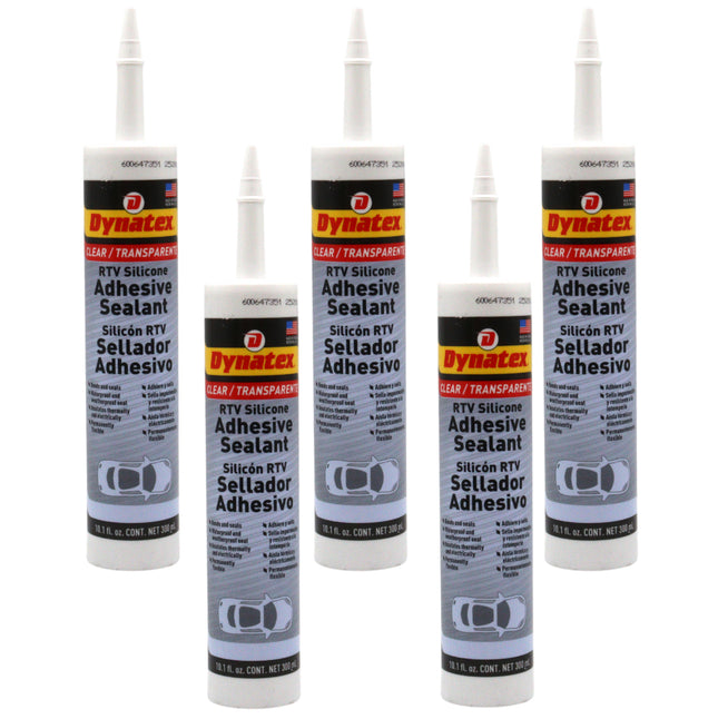Dynatex RTV Clear Silicone Adhesive Sealant 10.1 oz Caulk Tube - Transparent Watertight Seal, Marine RV Industrial Use, Made in the USA (5-Pack)