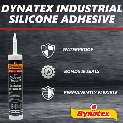 Dynatex Industrial Grade Black Silicone Sealant 10.1 oz Caulk Tube - Tough Flexible Cure, Watertight Seal, Up to 500 Degrees F, Made in the USA (Single)
