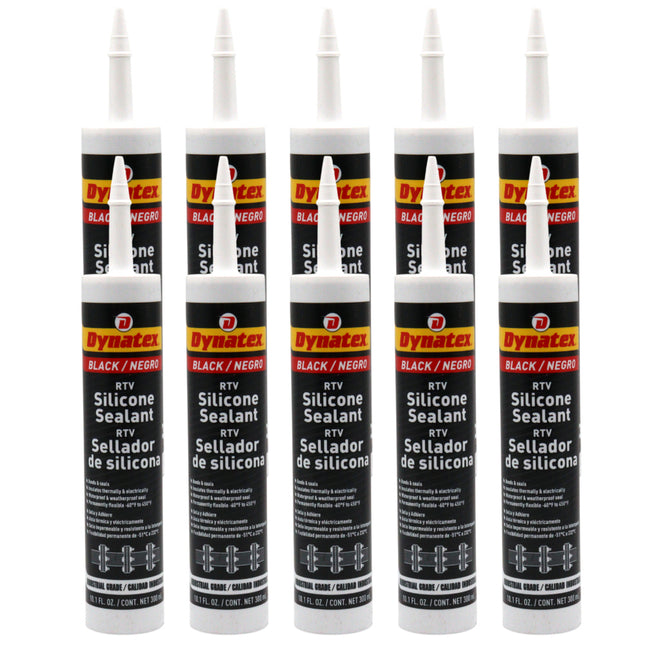 Dynatex Industrial Grade Black Silicone Sealant 10.1 oz Caulk Tube - Tough Flexible Cure, Watertight Seal, Up to 500 Degrees F, Made in the USA (10-Pack)