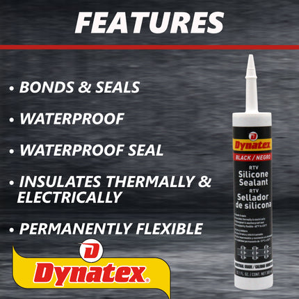 Dynatex Industrial Grade Black Silicone Sealant 10.1 oz Caulk Tube - Tough Flexible Cure, Watertight Seal, Up to 500 Degrees F, Made in the USA (6-Pack)
