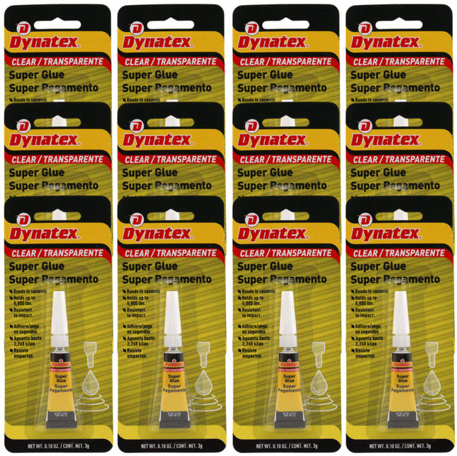 Dynatex .10 oz Super Glue Instant Adhesive - Bonds Glass Metal Plastic Rubber, 5000 PSI Strength, Clear Bond, Up to 175 Degrees F, Stronger Than Standard (12-Pack)