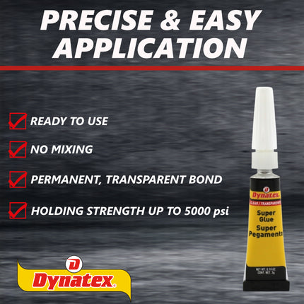 Dynatex .10 oz Super Glue Instant Adhesive - Bonds Glass Metal Plastic Rubber, 5000 PSI Strength, Clear Bond, Up to 175 Degrees F, Stronger Than Standard (2-Pack)
