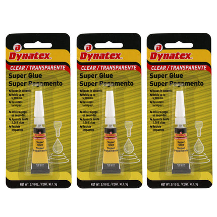 Dynatex .10 oz Super Glue Instant Adhesive - Bonds Glass Metal Plastic Rubber, 5000 PSI Strength, Clear Bond, Up to 175 Degrees F, Stronger Than Standard (3-Pack)