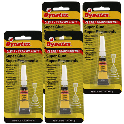 Dynatex .10 oz Super Glue Instant Adhesive - Bonds Glass Metal Plastic Rubber, 5000 PSI Strength, Clear Bond, Up to 175 Degrees F, Stronger Than Standard (4-Pack)