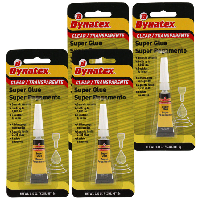 Dynatex .10 oz Super Glue Instant Adhesive - Bonds Glass Metal Plastic Rubber, 5000 PSI Strength, Clear Bond, Up to 175 Degrees F, Stronger Than Standard (4-Pack)