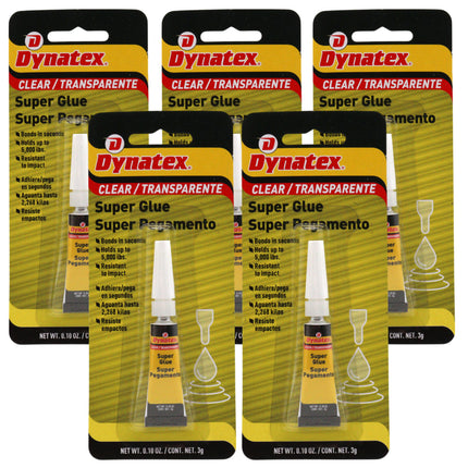 Dynatex .10 oz Super Glue Instant Adhesive - Bonds Glass Metal Plastic Rubber, 5000 PSI Strength, Clear Bond, Up to 175 Degrees F, Stronger Than Standard (5-Pack)