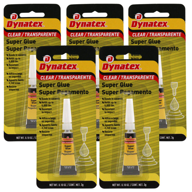Dynatex .10 oz Super Glue Instant Adhesive - Bonds Glass Metal Plastic Rubber, 5000 PSI Strength, Clear Bond, Up to 175 Degrees F, Stronger Than Standard (5-Pack)