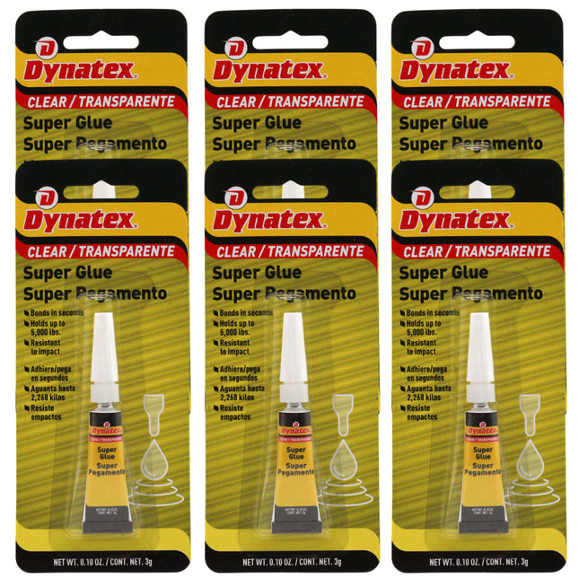 Dynatex .10 oz Super Glue Instant Adhesive - Bonds Glass Metal Plastic Rubber, 5000 PSI Strength, Clear Bond, Up to 175 Degrees F, Stronger Than Standard (6-Pack)