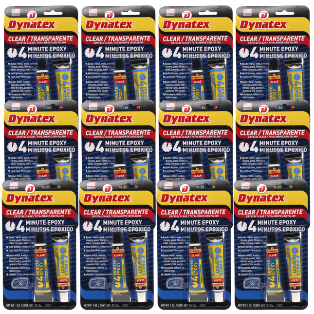 Dynatex 4 Minute Clear Epoxy Adhesive 2 oz - 60 Min Working Time, Bonds & Repairs Metal Wood Concrete Glass, Clear Machinable (12-Pack)