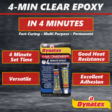 Dynatex 4 Minute Clear Epoxy Adhesive 2 oz - 60 Min Working Time, Bonds & Repairs Metal Wood Concrete Glass, Clear Machinable (2-Pack)