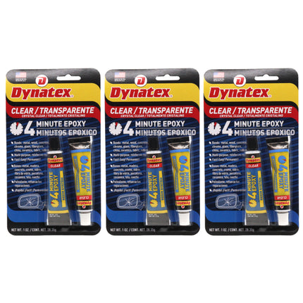 Dynatex 4 Minute Clear Epoxy Adhesive 2 oz - 60 Min Working Time, Bonds & Repairs Metal Wood Concrete Glass, Clear Machinable (3-Pack
