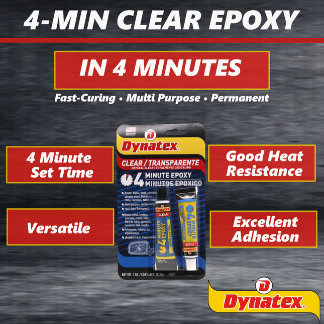Dynatex 4 Minute Clear Epoxy Adhesive 2 oz - 60 Min Working Time, Bonds & Repairs Metal Wood Concrete Glass, Clear Machinable (3-Pack
