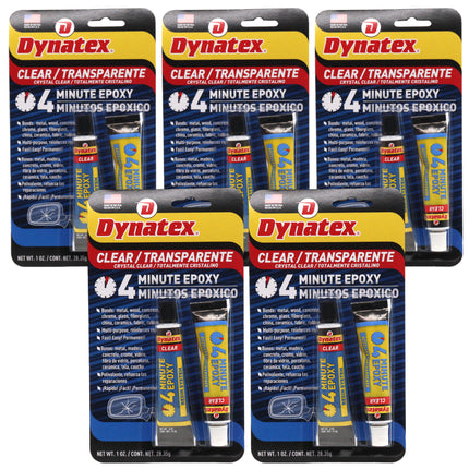 Dynatex 4 Minute Clear Epoxy Adhesive 2 oz - 60 Min Working Time, Bonds & Repairs Metal Wood Concrete Glass, Clear Machinable (5-Pack)