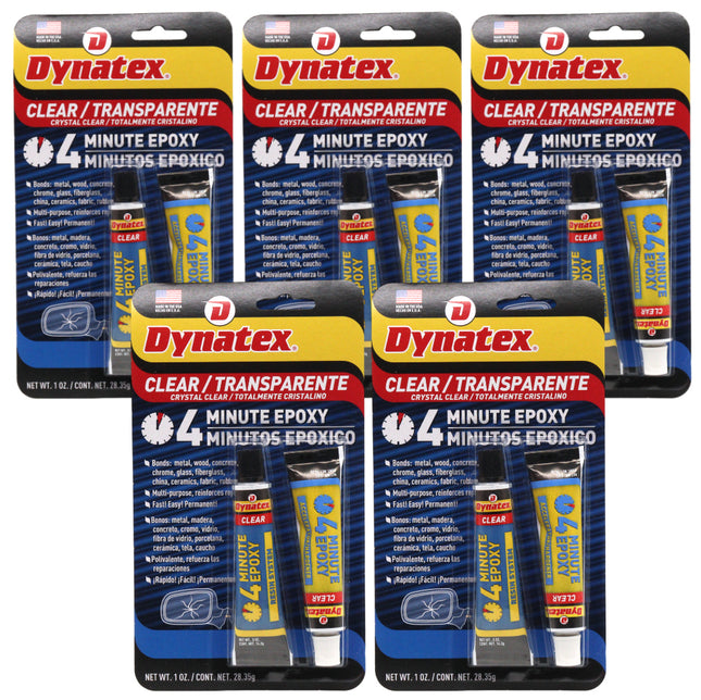 Dynatex 4 Minute Clear Epoxy Adhesive 2 oz - 60 Min Working Time, Bonds & Repairs Metal Wood Concrete Glass, Clear Machinable (5-Pack)