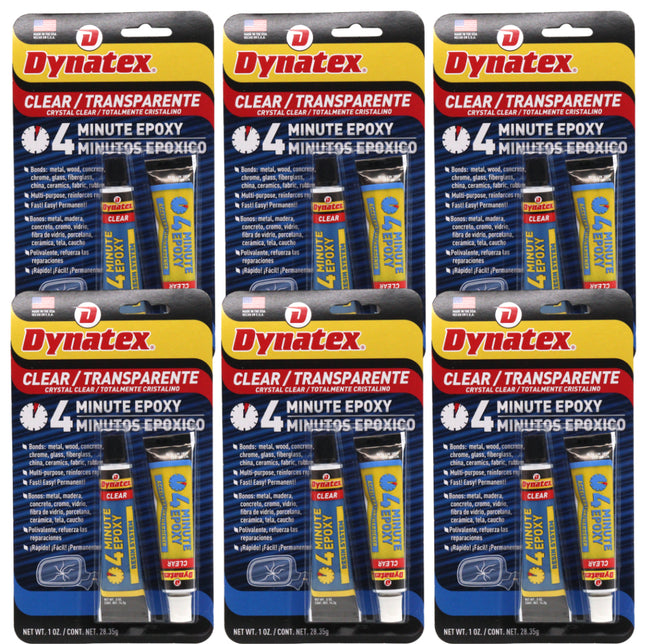 Dynatex 4 Minute Clear Epoxy Adhesive 2 oz - 60 Min Working Time, Bonds & Repairs Metal Wood Concrete Glass, Clear Machinable (6-Pack)