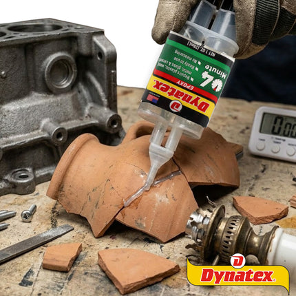 Dynatex 4 Minute Epoxy Adhesive 1 oz Twin Syringe - Rapid Cure, Clear Rigid Bond, Bonds Metal Ceramic Glass Concrete Wood, Pre-Measured (2-Pack)