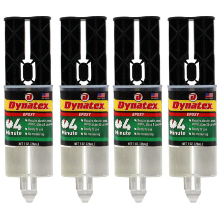 Dynatex 4 Minute Epoxy Adhesive 1 oz Twin Syringe - Rapid Cure, Clear Rigid Bond, Bonds Metal Ceramic Glass Concrete Wood, Pre-Measured (4-Pack)