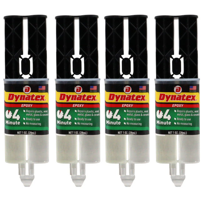Dynatex 4 Minute Epoxy Adhesive 1 oz Twin Syringe - Rapid Cure, Clear Rigid Bond, Bonds Metal Ceramic Glass Concrete Wood, Pre-Measured (4-Pack)