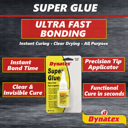 Dynatex .70 oz Super Glue Instant Adhesive - Bonds Glass Metal Plastic Rubber, 5000 PSI Strength, Clear Bond, Up to 175 Degrees F, Stronger Than Standard (12-Pack)