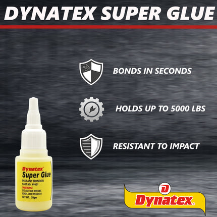 Dynatex .70 oz Super Glue Instant Adhesive - Bonds Glass Metal Plastic Rubber, 5000 PSI Strength, Clear Bond, Up to 175 Degrees F, Stronger Than Standard (12-Pack)