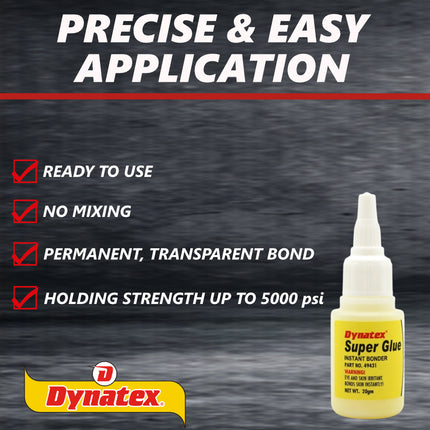 Dynatex .70 oz Super Glue Instant Adhesive - Bonds Glass Metal Plastic Rubber, 5000 PSI Strength, Clear Bond, Up to 175 Degrees F, Stronger Than Standard (12-Pack)