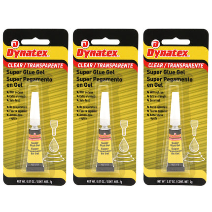 Dynatex 0.07 oz Super Glue Gel - No-Run Formula, Instant Bond, Bonds Metal Plastic Rubber Glass, Clear Permanent, Vertical Surfaces (3-Pack)