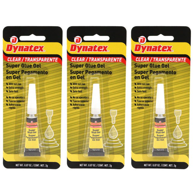 Dynatex 0.07 oz Super Glue Gel - No-Run Formula, Instant Bond, Bonds Metal Plastic Rubber Glass, Clear Permanent, Vertical Surfaces (3-Pack)