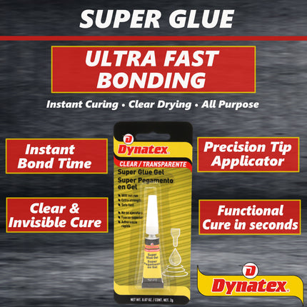 Dynatex 0.07 oz Super Glue Gel - No-Run Formula, Instant Bond, Bonds Metal Plastic Rubber Glass, Clear Permanent, Vertical Surfaces (5-Pack)