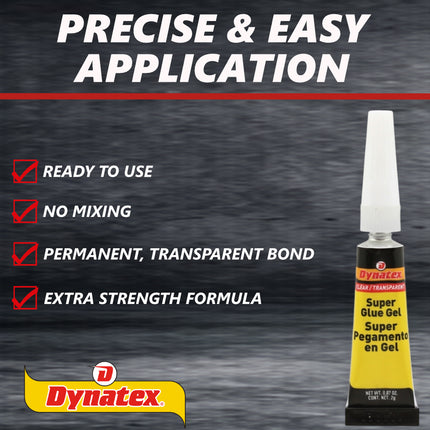 Dynatex 0.07 oz Super Glue Gel - No-Run Formula, Instant Bond, Bonds Metal Plastic Rubber Glass, Clear Permanent, Vertical Surfaces (5-Pack)